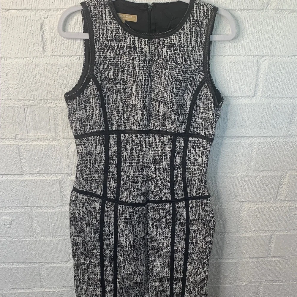 Michael Kors Wool Leather Trim Pencil Sheath Black and White Knee-Length Dress